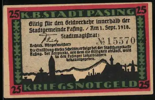 Notgeld Pasing 1918, 25 Pfennig, Stadtsilhouette, Wappen