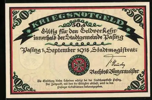 Notgeld Pasing 1918, 50 Pfennig, Stadtwappen