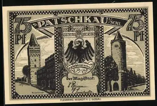 Notgeld Patschkau i. Schl., 75 Pfennig, Türme, Stadtwappen