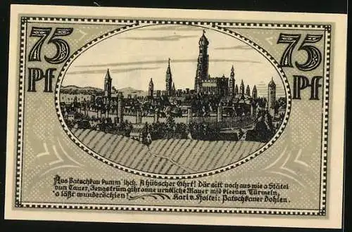 Notgeld Patschkau i. Schl., 75 Pfennig, Türme, Stadtwappen