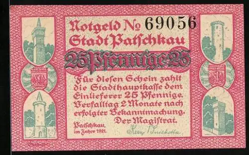 Notgeld Patschkau 1921, 25 Pfennig, Katholische Kirche, Stadtwappen