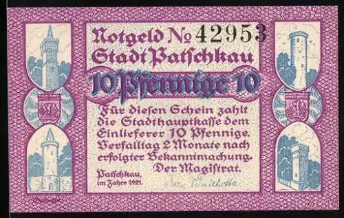 Notgeld Patschkau 1921, 10 Pfennig, Stadtwappen, Rathaus, Reklame für Kieslich Motorspritzen