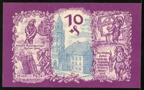 Notgeld Patschkau 1921, 10 Pfennig, Stadtwappen, Rathaus, Reklame für Kieslich Motorspritzen