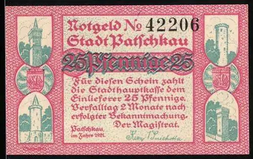 Notgeld Patschkau 1921, 25 Pfennig, Katholische Kirche, Stadtwappen