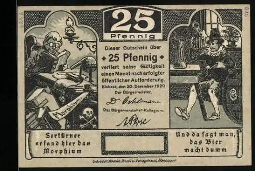 Notgeld Einbeck 1920, 25 Pfennig, Sertürner erfand hier das Morphium, Und da sagt man, das Bier macht dumm