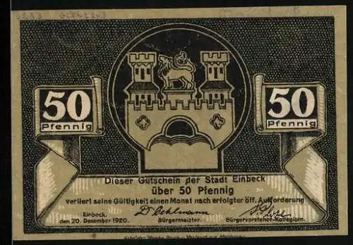 Notgeld Einbeck 1920, 50 Pfennig, Stadtwappen, Kirche