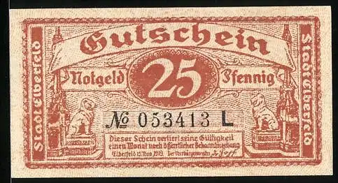 Notgeld Elberfeld 1919, 25 Pfennig, Stadtwappen