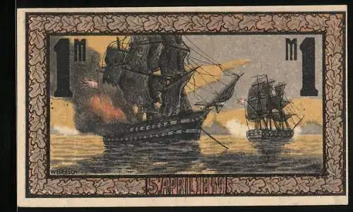 Notgeld Eckernförde 1921, 1 Mark, Segelschiffe im Gefecht
