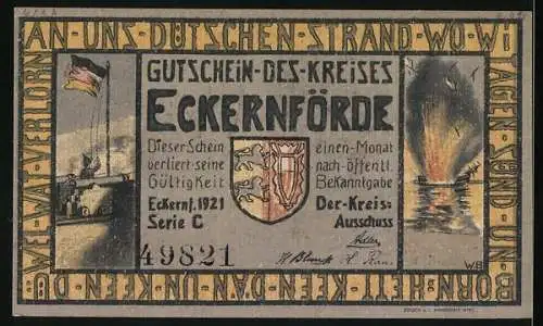 Notgeld Eckernförde 1921, 1 Mark, Segelschiffe im Gefecht