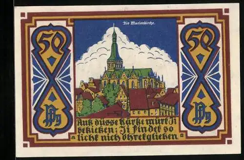 Notgeld Osnabrück 1921, 50 Pfennig, Wappen, Ornamente, Marienkirche