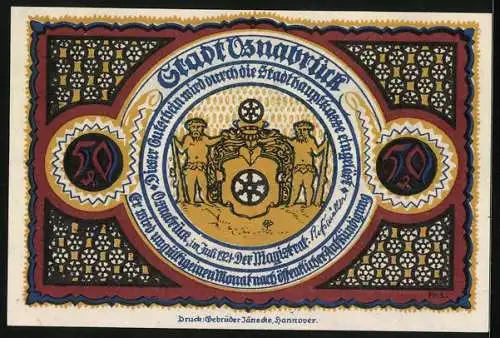 Notgeld Osnabrück 1921, 50 Pfennig, Wappen, Ornamente, Marienkirche