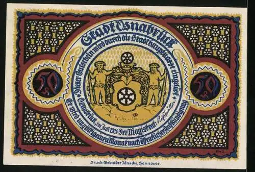 Notgeld Osnabrück 1921, 50 Pfennig, Wappen, Ornamente, Waterlootor