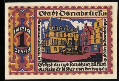 Notgeld Osnabrück 1921, 1 Mark, Wappen, Ornamente, Rathaus mit Brunnen