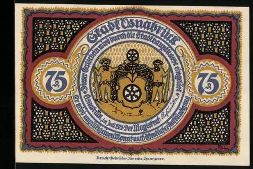 Notgeld Osnabrück 1921, 75 Pfennig, Wappen, Ornamente, Historischer Aufzug Olle Use