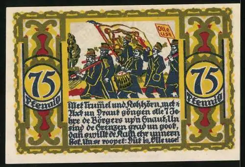 Notgeld Osnabrück 1921, 75 Pfennig, Wappen, Ornamente, Historischer Aufzug Olle Use
