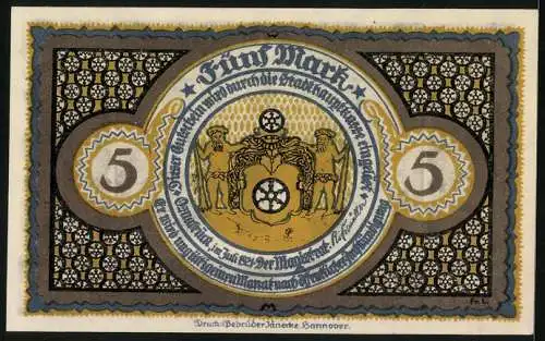 Notgeld Osnabrück 1921, 5 Mark, Wappen, Ornamente, Feier des Westfälischen Friedens