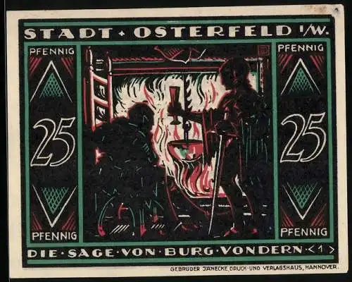 Notgeld Osterfeld i. W. 1921, 25 Pfennig, Siegel mit Wappen, Sage von der Burg Vondern: Am Feuer