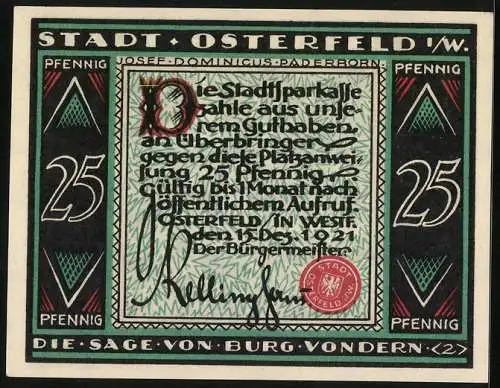 Notgeld Osterfeld i. W. 1921, 25 Pfennig, Siegel mit Wappen, Sage von der Burg Vondern: Am Wasser