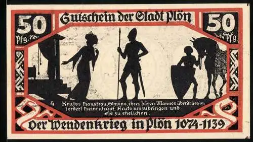 Notgeld Plön 1921, 50 Pfennig, Wappen, Wendenkrieg: Intrige der Ehefrau Krutos
