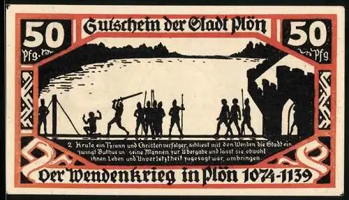 Notgeld Plön 1921, 50 Pfennig, Wappen, Wendenkrieg: Kruto lässt Buthue hinrichten