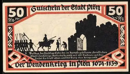 Notgeld Plön 1921, 50 Pfennig, Wappen, Wendenkrieg: Zug Buthues in die Stadt