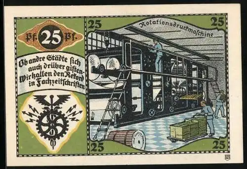 Notgeld Pössneck, 25 Pfennig, Wappen, Betrieb einer Rotationsdruckmaschine