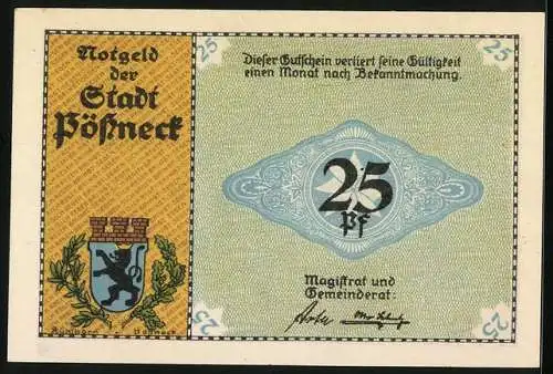 Notgeld Pössneck, 25 Pfennig, Wappen, Betrieb einer Rotationsdruckmaschine