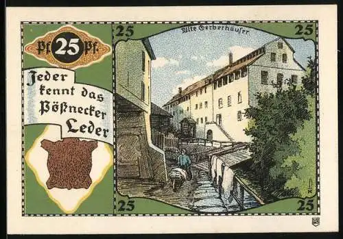 Notgeld Pössneck, 25 Pfennig, Wappen, Alte Gerberhäuser, Leder