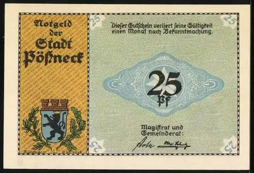 Notgeld Pössneck, 25 Pfennig, Wappen, Alte Gerberhäuser, Leder