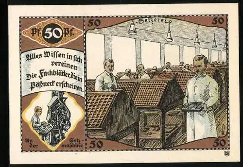 Notgeld Pössneck, 50 Pfennig, Wappen, An der Setzmaschine
