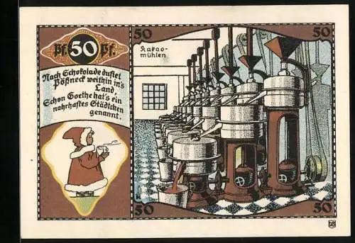 Notgeld Pössneck, 50 Pfennig, Wappen, Kakaomühlen in Betrieb
