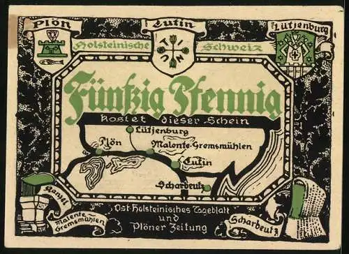Notgeld Eutin, 50 Pfennig, Wappen der Holsteinischen Schweiz, Landkarte, Tempel im Schlossgarten