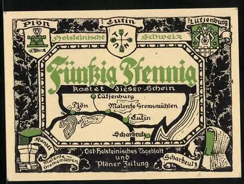 Notgeld Eutin, 50 Pfennig, Wappen der Holsteinischen Schweiz, Landkarte, Ornamente, Tempel im Schlossgarten