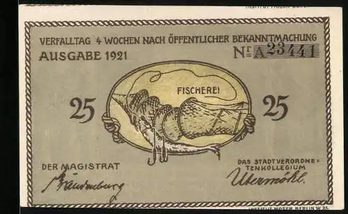Notgeld Plön 1921, 25 Pfennig, Fischernetz, Alt-Plön, Gänse, Fische, Bäuerinnen, Fischer