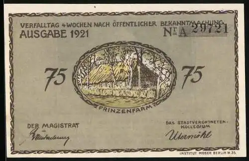 Notgeld Plön 1921, 75 Pfennig, Prinzenfarm, Herzogslusthaus