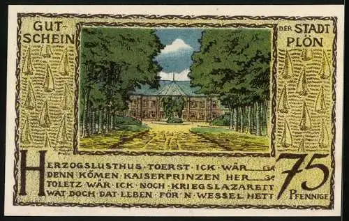 Notgeld Plön 1921, 75 Pfennig, Prinzenfarm, Herzogslusthaus