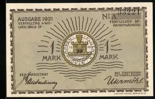 Notgeld Plön 1921, 1 Mark, Wappen, Ortsansicht vom Wasser