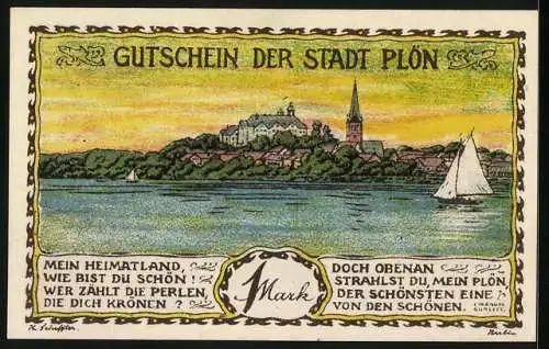 Notgeld Plön 1921, 1 Mark, Wappen, Ortsansicht vom Wasser