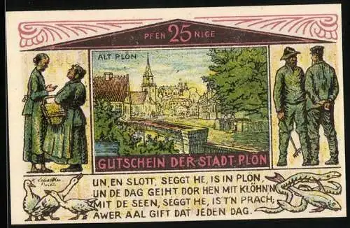 Notgeld Plön 1921, 25 Pfennig, Fischernetz, Alt-Plön, Gänse, Fische, Bäuerinnen und Fischer beim Gespräch