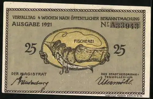 Notgeld Plön 1921, 25 Pfennig, Fischerei, Alt-Plön, Gänse, Fische, Bäuerinnen und Fischer