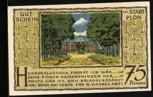 Notgeld Plön 1921, 75 Pfennig, Herzogslusthaus, Prinzenfarm
