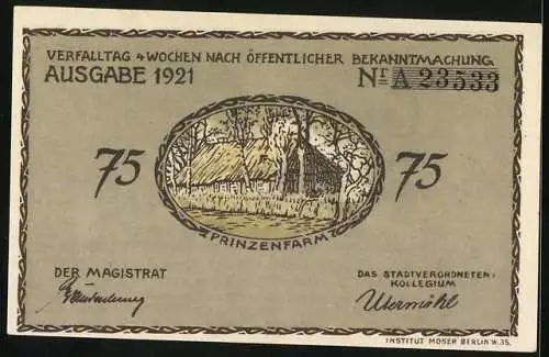 Notgeld Plön 1921, 75 Pfennig, Herzogslusthaus, Prinzenfarm