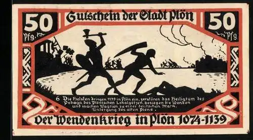 Notgeld Plön 1921, 50 Pfennig, Wappen, Wendenkrieg: Holsten dringen in Plön ein