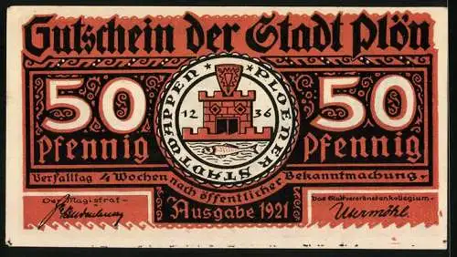 Notgeld Plön 1921, 50 Pfennig, Wappen, Wendenkrieg: Holsten dringen in Plön ein