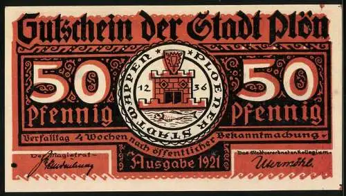 Notgeld Plön 1921, 50 Pfennig, Wappen, Wendenkrieg: Tötung Krutos durch Heinrich