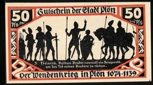 Notgeld Plön 1921, 50 Pfennig, Wappen, Wendenkrieg: Heinrich sammelt Krieger um sich