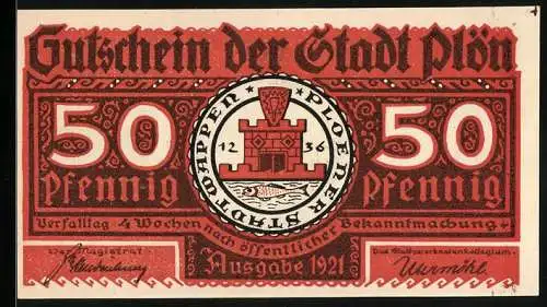 Notgeld Plön 1921, 50 Pfennig, Wappen, Wendenkrieg: Kruto schliesst die Stadt ein