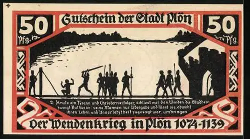 Notgeld Plön 1921, 50 Pfennig, Wappen, Wendenkrieg: Kruto schliesst die Stadt ein