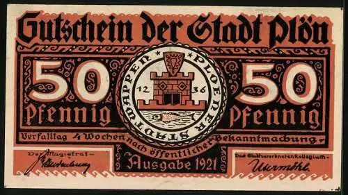 Notgeld Plön 1921, 50 Pfennig, Wappen, Wendenkrieg: Slavinia fordert Heinrich zur Tötung Krutos auf