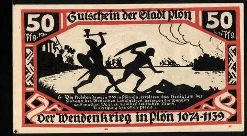 Notgeld Plön 1921, 50 Pfennig, Wappen, Wendenkrieg: Die Holsten besiegen die Wenden